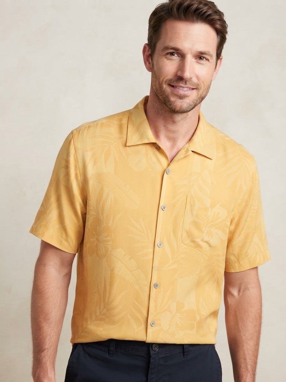 Tommy Bahama 100% Silk Yellow Tropical Leaf Vacation Button Down Shirt L